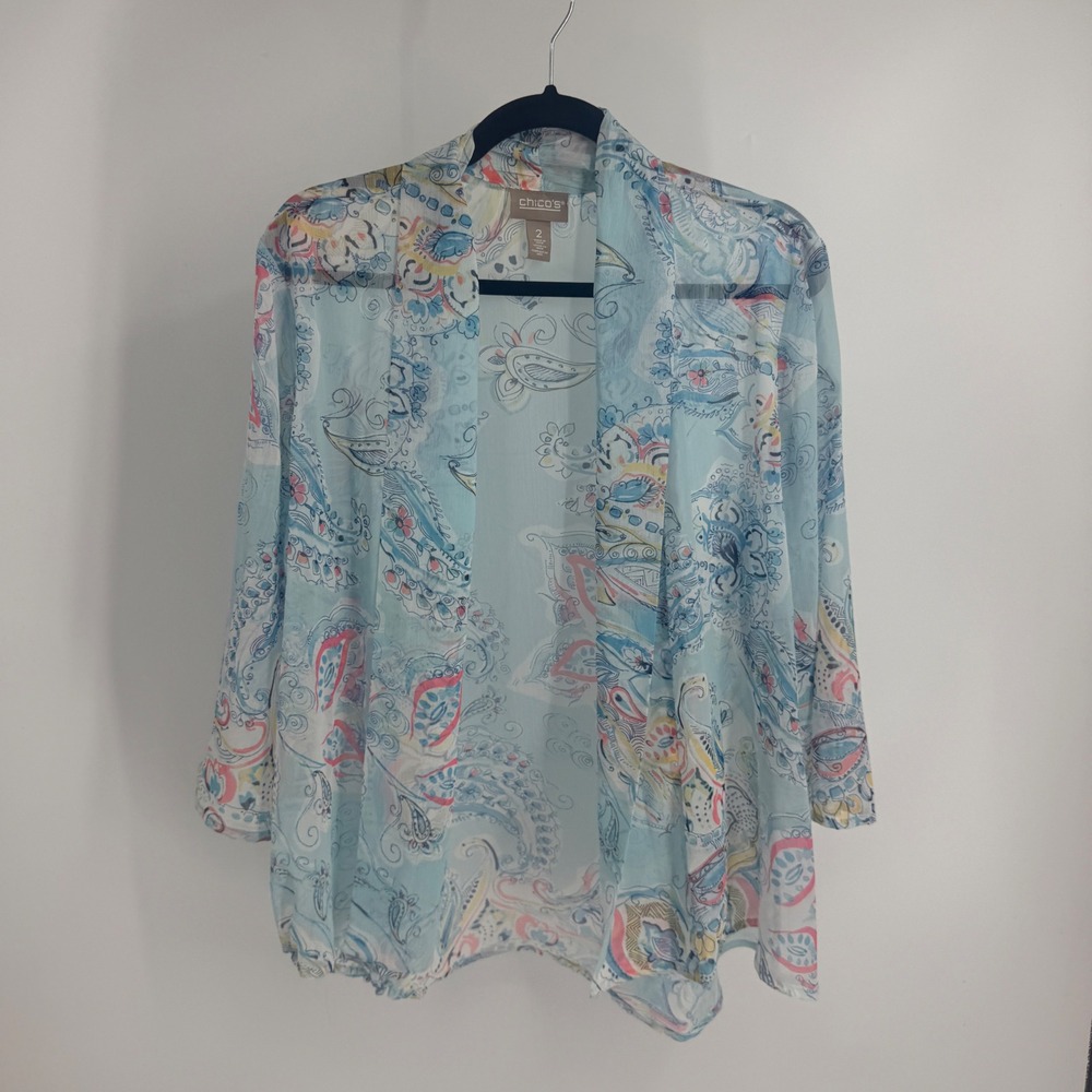 Chico's‎ Light Blue Paisley Sheer Open Front Cardigan 2 L 3/4 Sleeve Lighweight